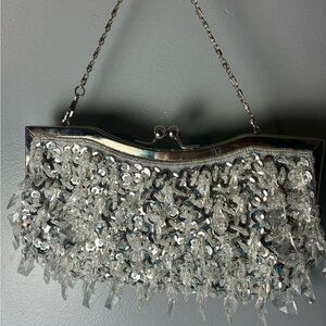 Elegant Silver Beaded Evening Bag